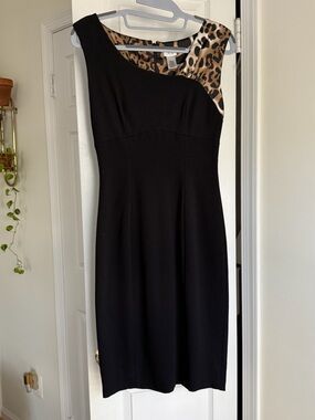 Vintage Cache Black Leopard Colorblock Cocktail Midi Dress Y2K One Shoulder Sz 2